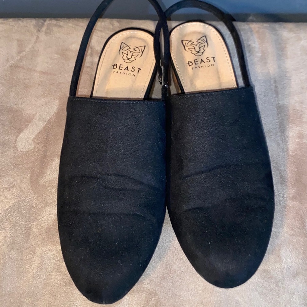 Black suede Mule Flats with Heel Strap Size 6.5